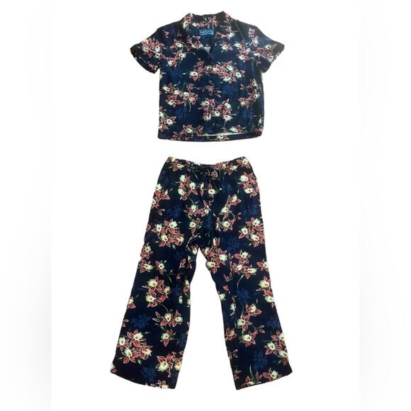 Vintage America Dresses & Skirts - Vtg 90s Floral Tropical Blouse And Cropped Pants Set S Vacation Resort Retro